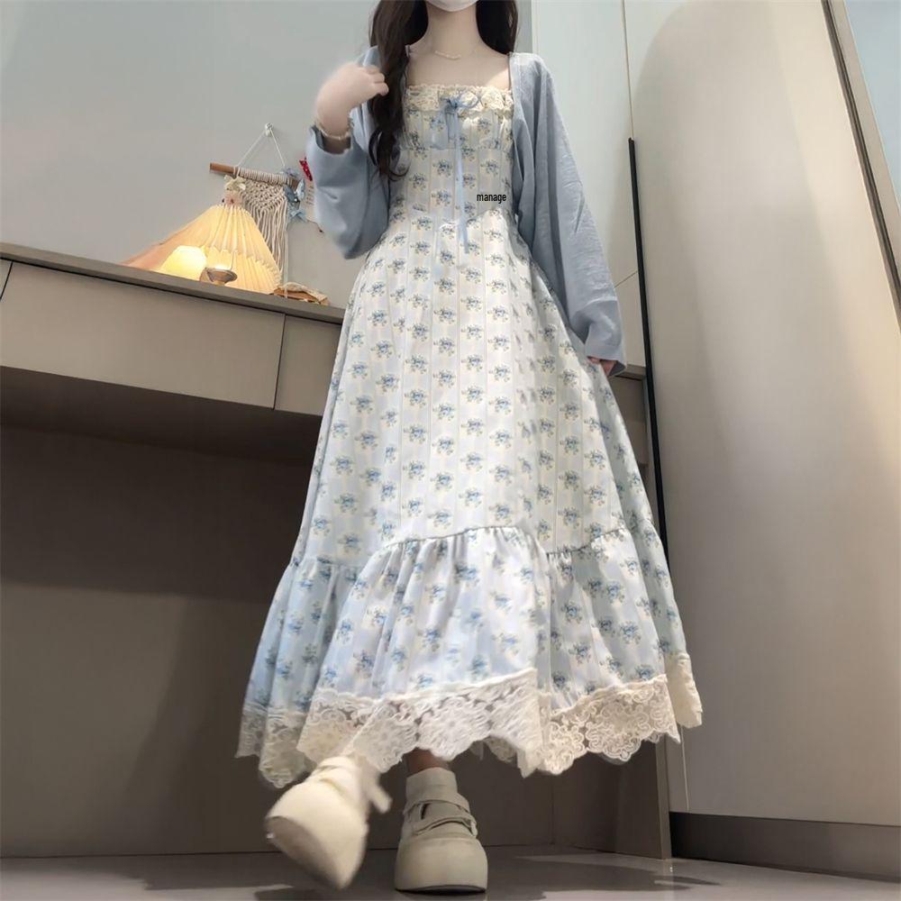 Korean Preppy Waist-Cinching Floral Dress & Blue Knit Cardigan Set for Women