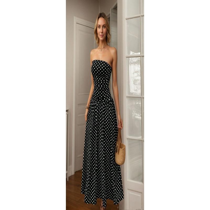 Women Retro Polka Dot Strapless Slim Fit A Line Long Dress