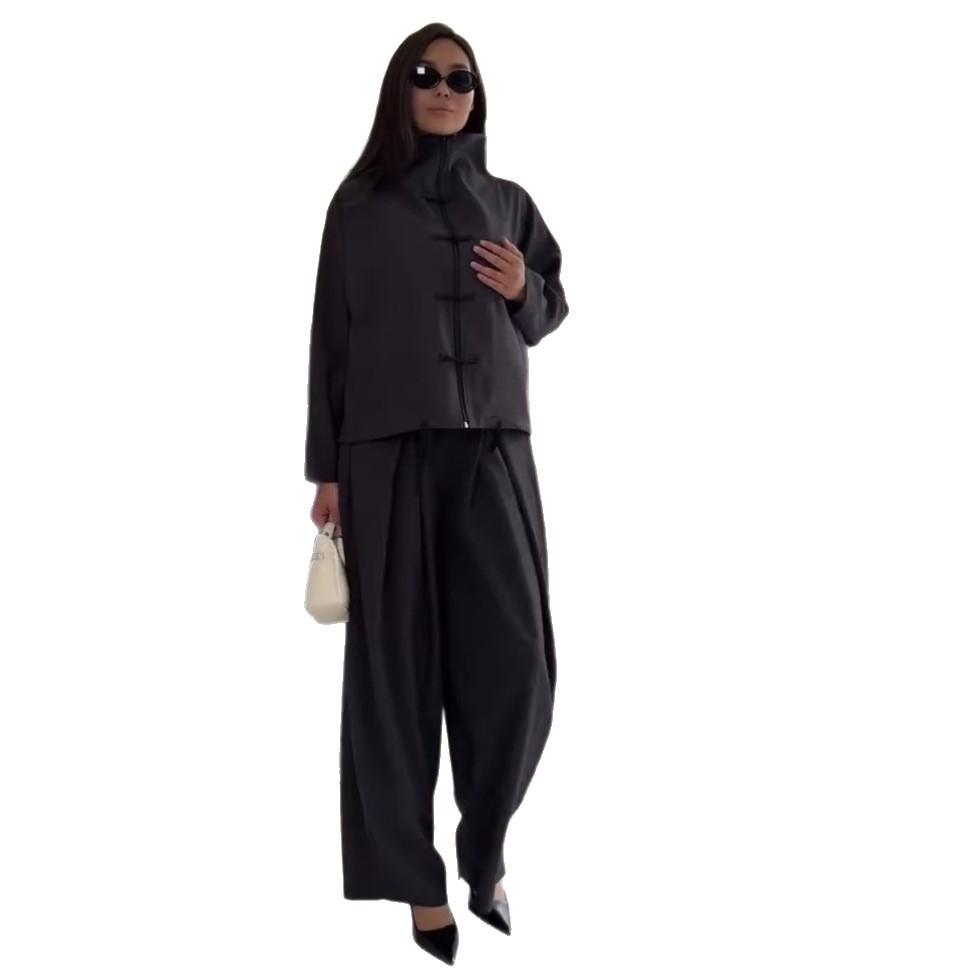 Autunno transfrontaliero nuovo set da donna due pezzi: top ampio a maniche lunghe con chiusura a bottoni a disco stile cinese con colletto alla coreana, pantaloni a gamba larga di temperamento