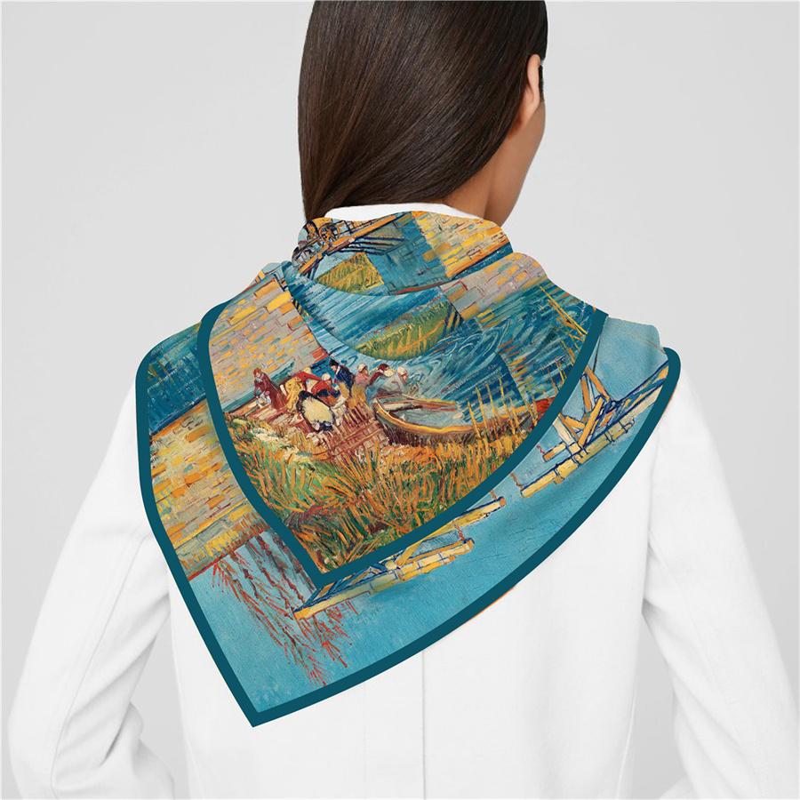 Silk Scarf Women Alle Bridge Print Square Scarves Head Echarpes Silk Foulards Femme Wraps Beach Shawls Bandana Lady Hijabs 90CM