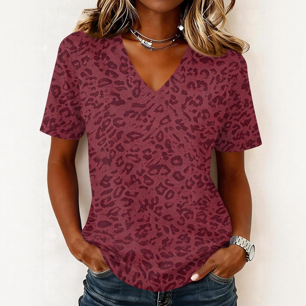 Women's Casual Print Short Sleeve V-Neck Pullover Top