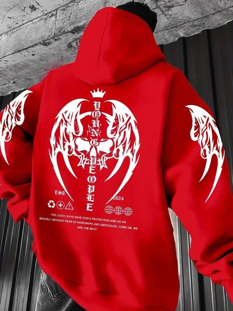 New European and American autumn men's Gothic skull letter print micro elastic comfortable hooded sweatshirt outdoor street top