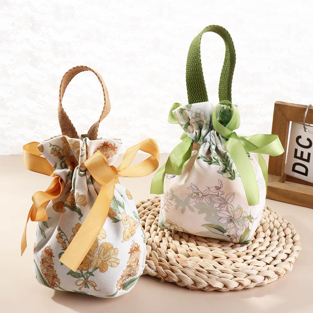 Floral Canvas Drawstring Bag Large Capacity Festive Sugar Bag Small Flower Wrist Bag  Female/Girls