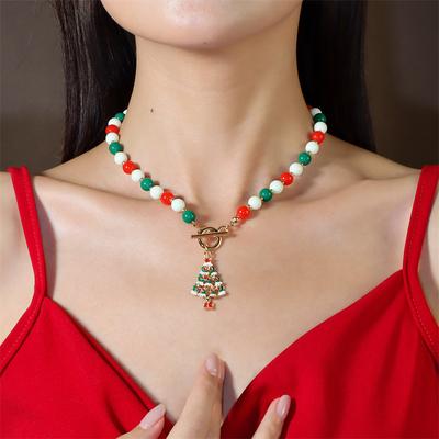 Weihnachten Imitationsperlenkette für Frauen Mode Weihnachtsmann Schneemann Anhänger Schlüsselbeinkette Schmuck