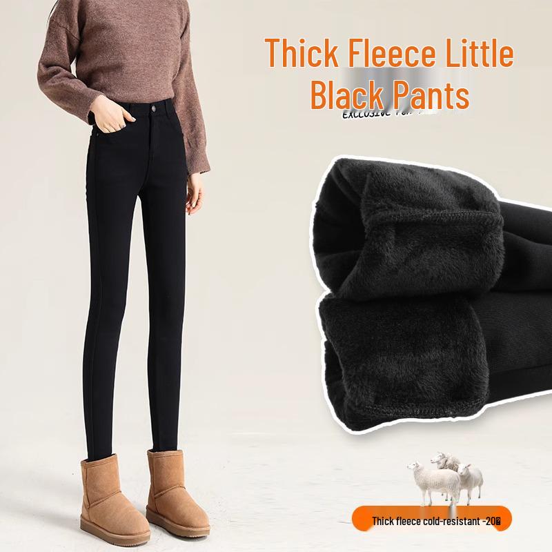 Damen Winter Fleecegefütterte Schwarze Leggings - Dicke Lammfleece Baumwolle, Slim Fit, Herbst/Winter 2025 Stil