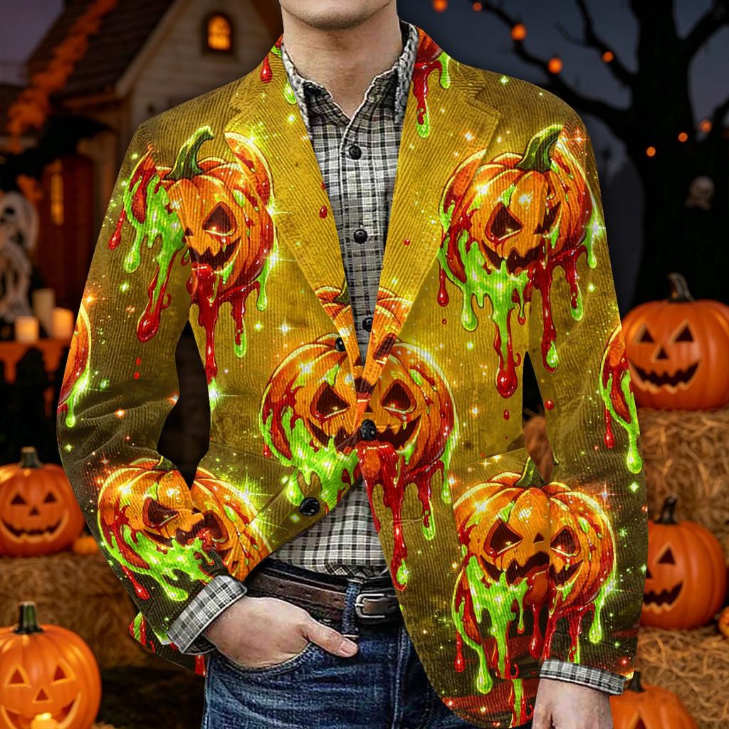 Men's Corduroy Blazer Jacket with Pockets Halloween Themed Print Warm Casual Suit Coat Cardigan for Men