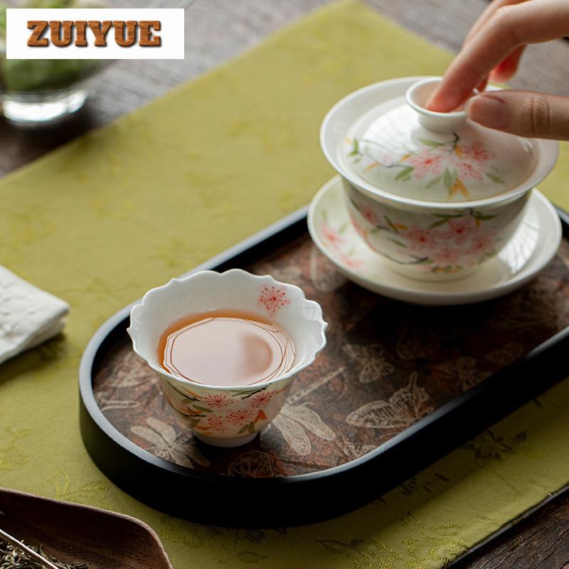 2pc/lot Hand-painted Peach Blossom Teacup Aesthetic Tea Bowl Tea Pair Tea-tasting Personal Cup Chazhan Master Cups Teaware 65ml
