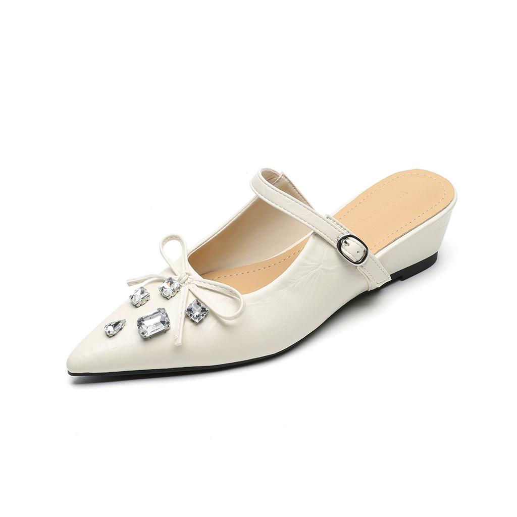 Weiwei Girl 966-2 French Pointed Sandals Woman One Word with Platform Bow Rhinestone Bag Head Half Slippers Woman