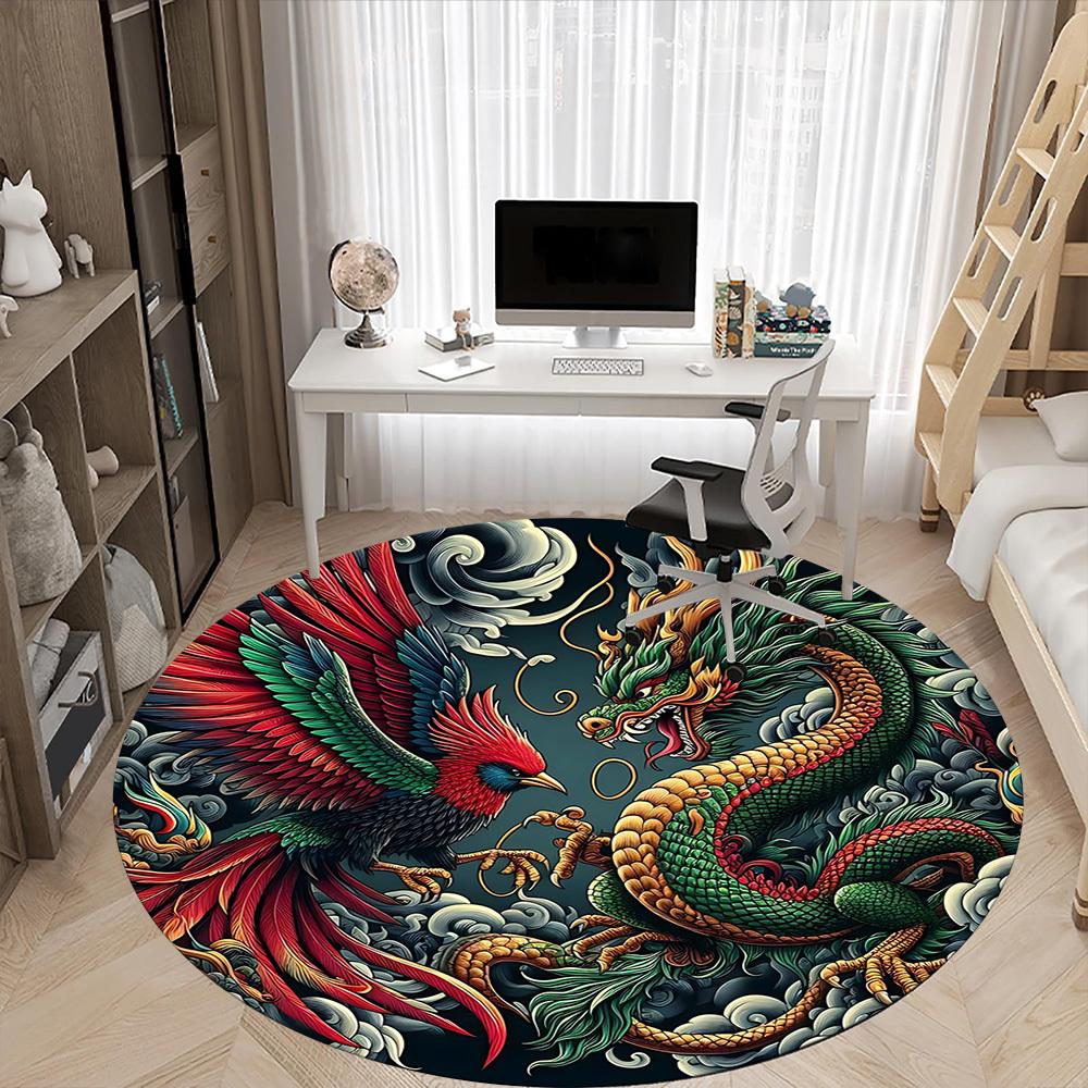 1pc Phoenix Dragon Pattern Carpet, Round Non Slip Durable Large Size Office Carpet, Suitable for Office