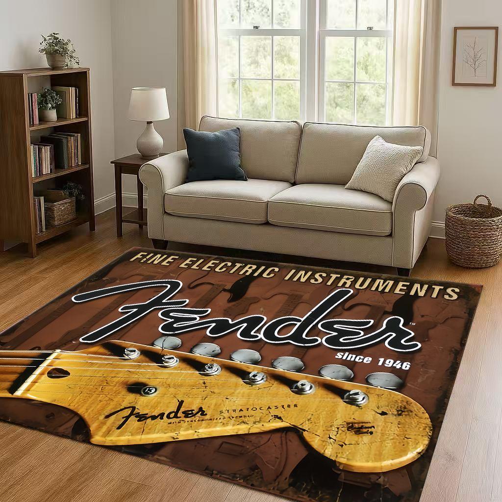 3D F Fender Guitar Musical Instrument Sign Living Room Non Slip Area Rug Carpet for Bedroom Sofa,Easy Clean Home Decor Doormat
