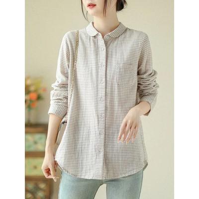 Baby Pop Kraag Gaas Ruitjes Blouse Lange Mouw Losse Basis Katoen Linnen Top