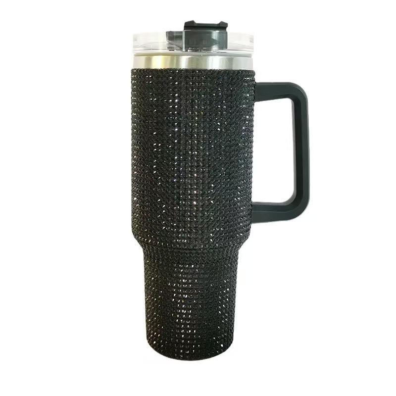 40oz Rhinestone-Inlaid Insulated Tumbler with Handle - Stainless Steel Double-Wall Cup for Outdoor and Car