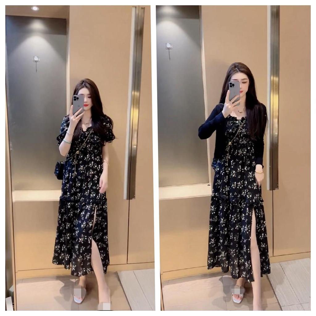 Trendy Women's Summer Cardigan Set: Slimming Sun Protection, Floral Camisole Dress & Slit Long Skirt