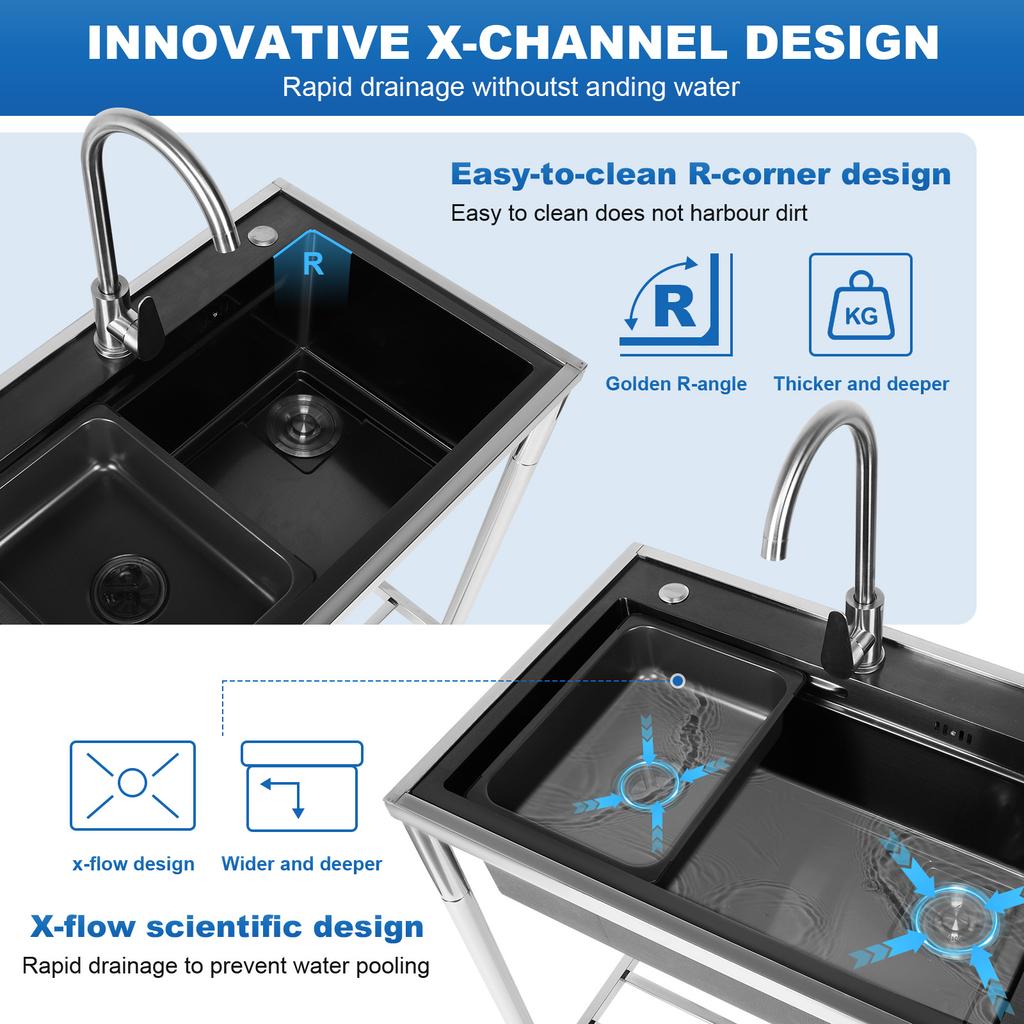 Stainless Steel Utility Sink Adjustable Stand Freestanding Sink Rust Proof Single Bowl Sink Set with Cold & Hot Water Faucet