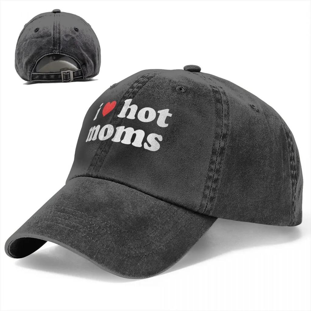 Jag älskar heta mammor Rött hjärta Basebollkepsar Sliten Bomullshuvudbonad Unisex Stil Utomhus Löpning Golf Justerbar Passform Kepsar Hatt