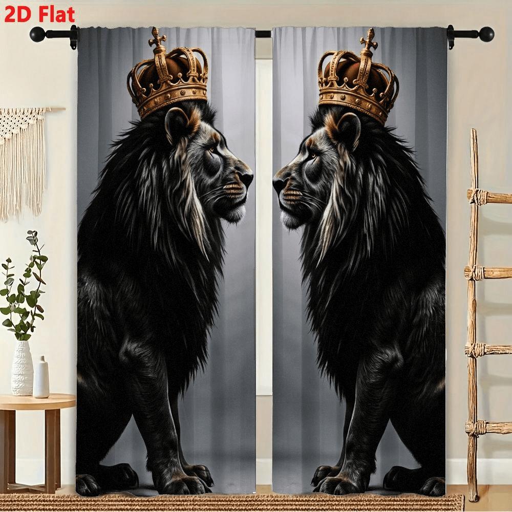 2Pcs Curtains, Two Golden Crowns Majestic Male Lions Pattern Window Drapes For Bedroom Room Decor Decoration Window Treatment. 60×150