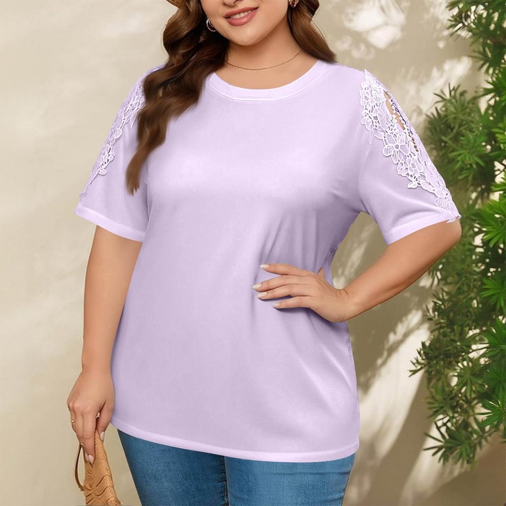 Plus Size Women's Fashion Casual Loose Elegant Off-shoulder Hollow-out Short-sleeve T-shirt Top