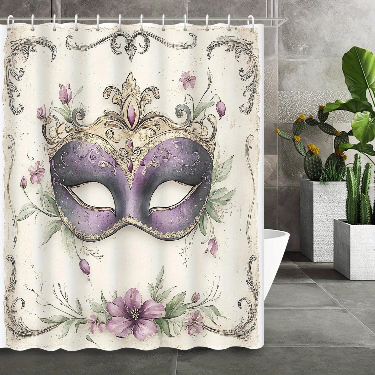 

1Pc Vintage Watercolor Carnival Mask Shower Curtain – Mysterious Style, Includes 12 Hooks, For Bathroom Decor W60H190(CM)-1 Pcs