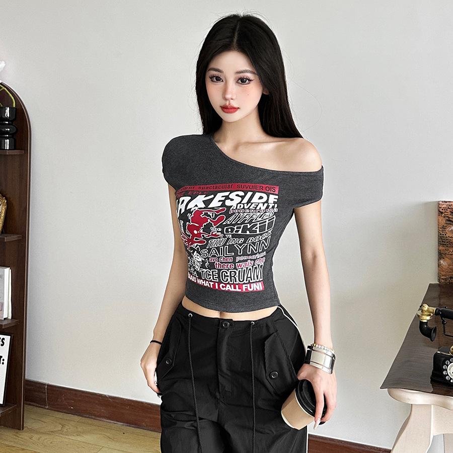 Mode Sommer Neu Damenbekleidung Amerikanische Straßen-Hottie Personalisierter Druck Diagonalhals Schulterfrei Vielseitig Knopfleiste Oberteil