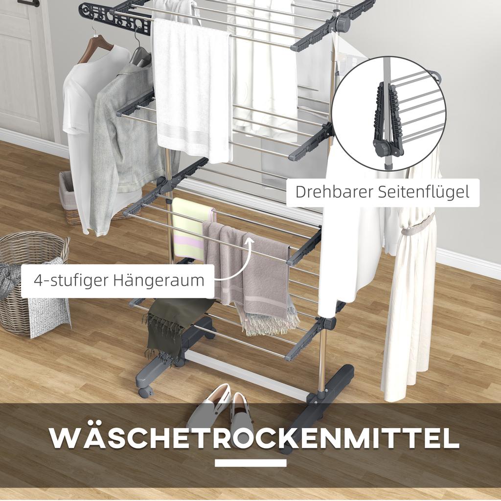 Foldable 5-Tier Clothes Drying Rack with One-Click System, 142x55x172cm, Grey & Silver
