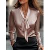 New Women's Satin Pullover Shirt Bow Tie Fashion Pink Top Office Elegant Long Sleeve White Blouses for Female