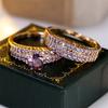 2 Pcs/set Golden Color Round Cut Purple Stone Claw Ring Set Wedding Band Valentine's Day Jewelry