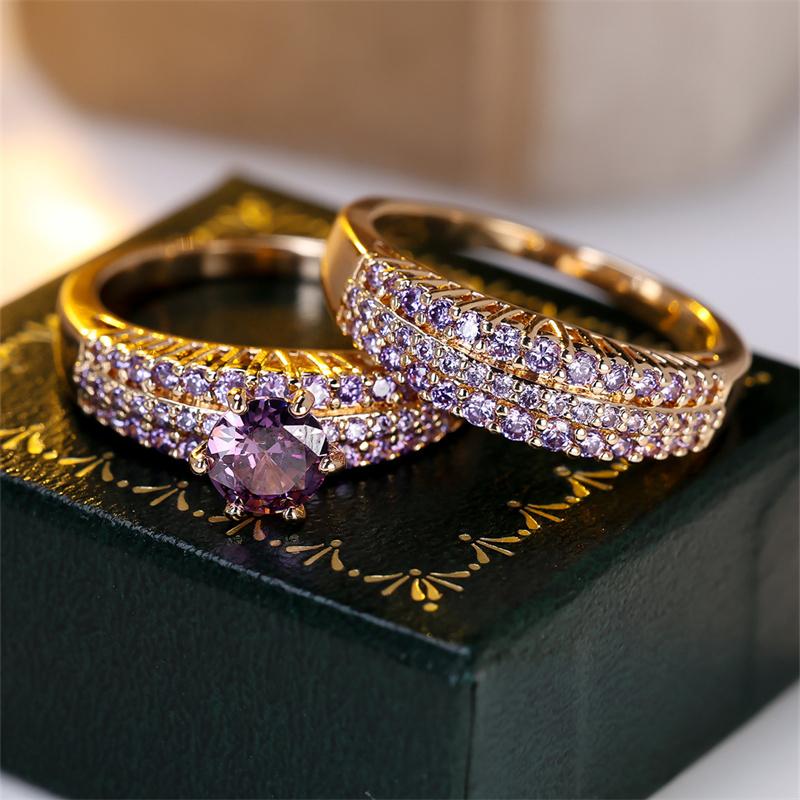 2 Pcs/set Golden Color Round Cut Purple Stone Claw Ring Set Wedding Band Valentine's Day Jewelry