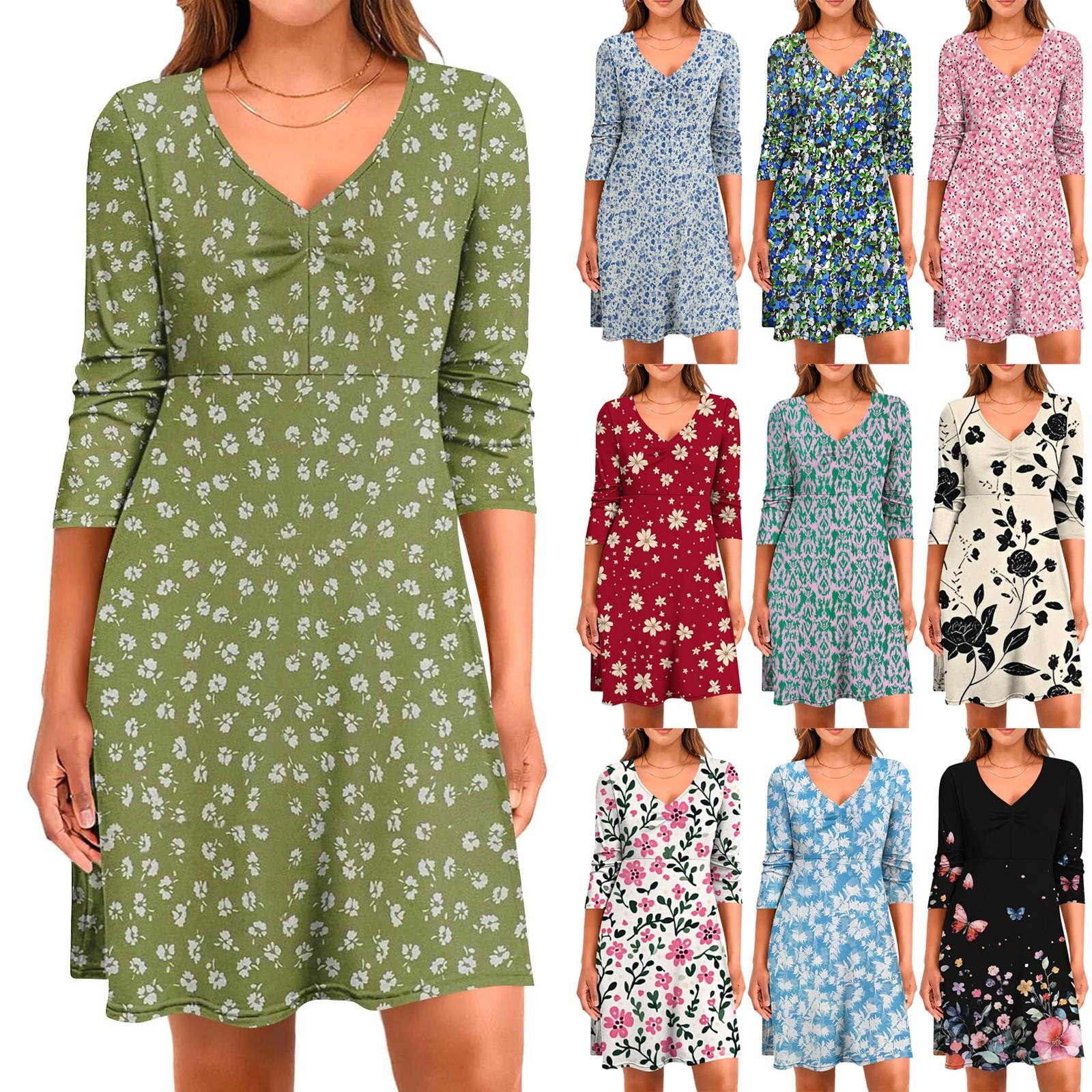 

Women s Casual Loose Comfortable Print V-Neck 3/4 Sleeve Dress XL