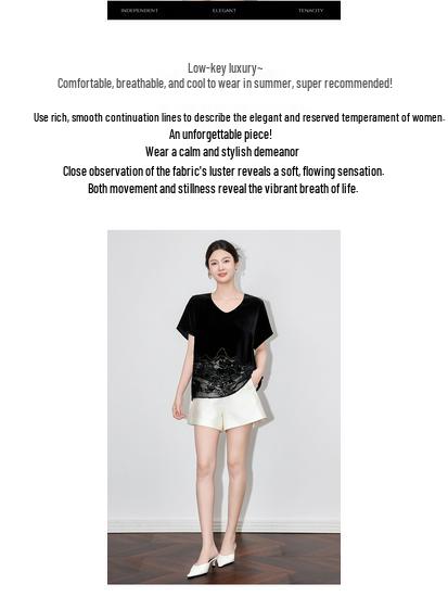 Women's Summer V-Neck Silk Velvet Top with Chinese-Style Landscape