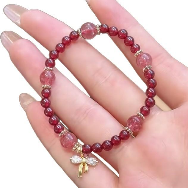 Gold-Plated Natural Garnet Flower Bracelet: Korean Design, Light Luxury, Versatile Crystal Bead