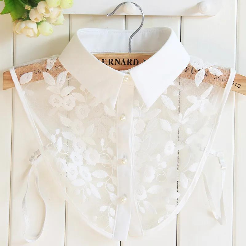 Linbaiway Embroidery Cotton Fake Collars for Women Removalbe False Collar Blouse Rhinestone Clothes Female Detachable Neckwear