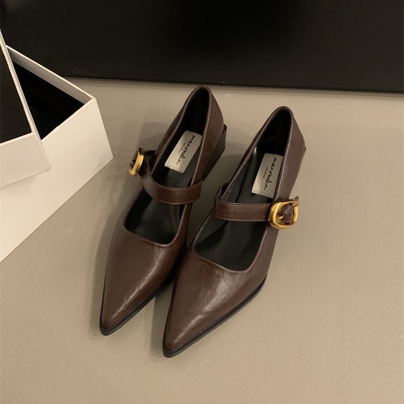 Pointed single shoes women's spring and autumn thick heel soft leather with Mary Jane shoes new versatile black high heels