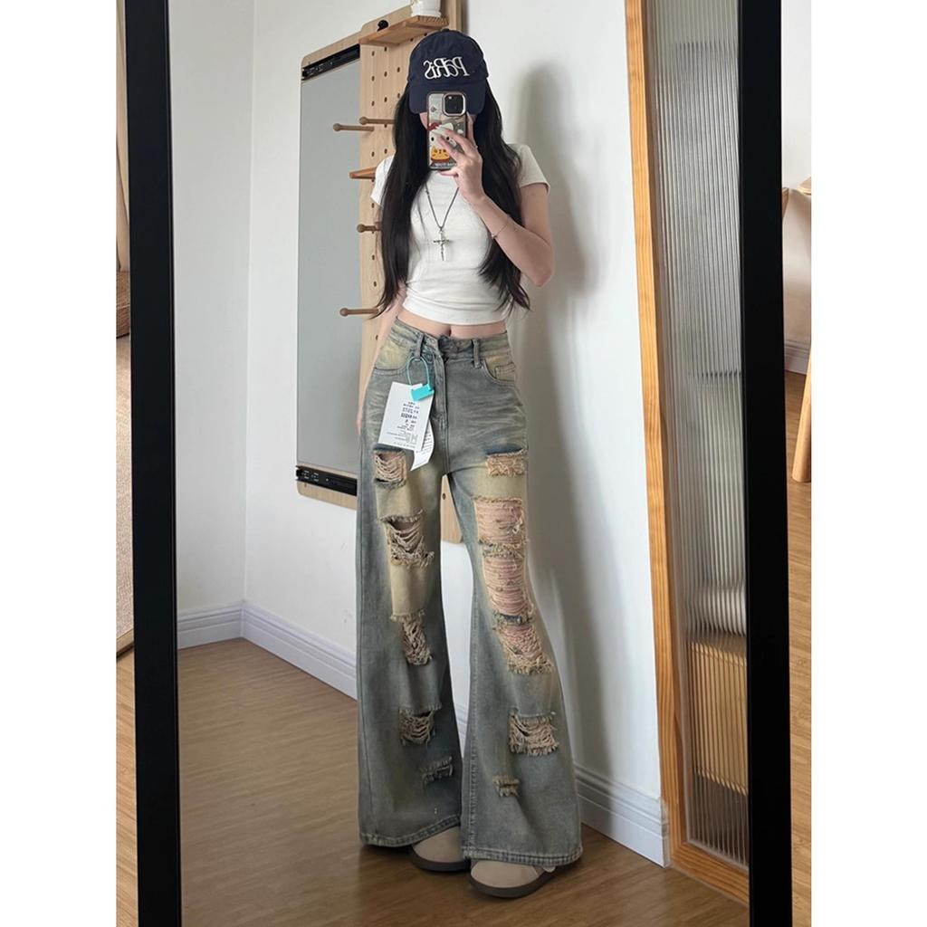 Women's High Waist Distressed Ripped Jeans Straight Wide Leg Baggy Denim Pants