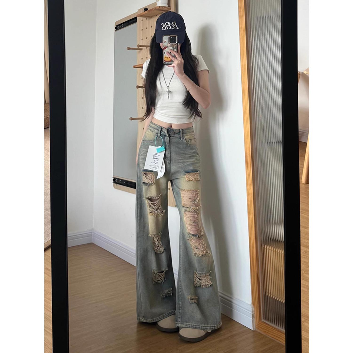 Women s High Waist Distressed Ripped Jeans Straight Wide Leg Baggy Denim Pants S