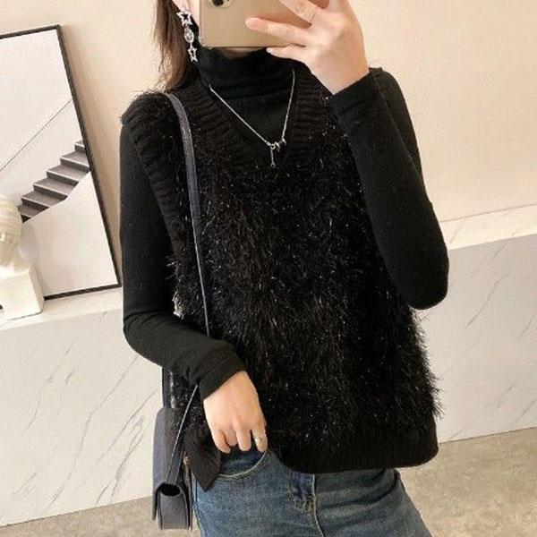 Spring and Autumn Loose Sleeveless Sweater Solid Color Knitted Vest Women's V-neck Bright Silk Fleece Top