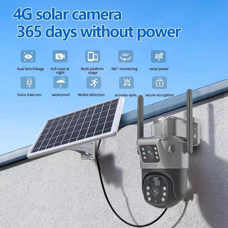 V380 Dual Lens Solar-Powered 4G Wireless Night Vision Security Camera with Low Power Consumption