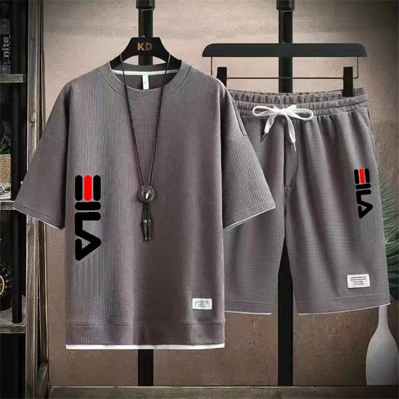Summer New Casual Men s Short-sleeved T-shirt and Shorts 2-piece Outdoor Men s Round-neck Short-sleeved Sportswear Set S