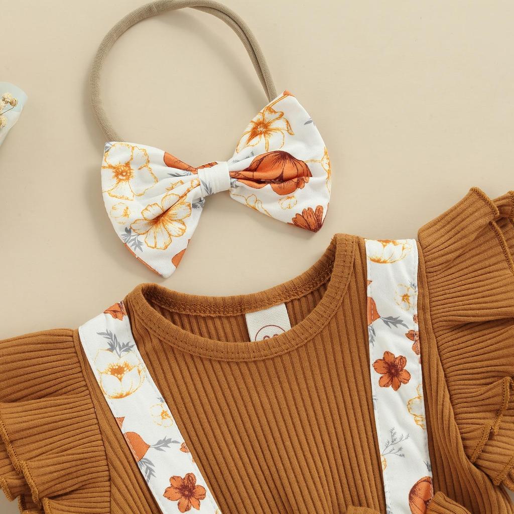 Salopetă de vară pentru bebeluși pentru bebeluși, mânecă cu volană, rochie cu imprimeu floral, body mozaic + bentiță cu fundă