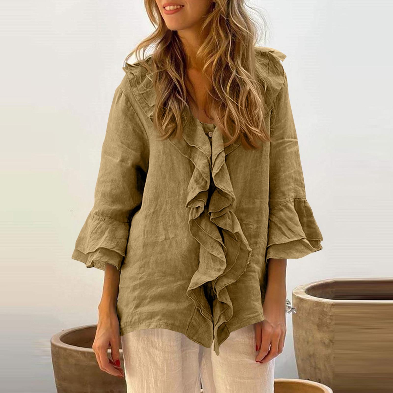 

Женская мода однотонный топ с V-образным вырезом на пуговицах и рукавами 3/4 L коричневый