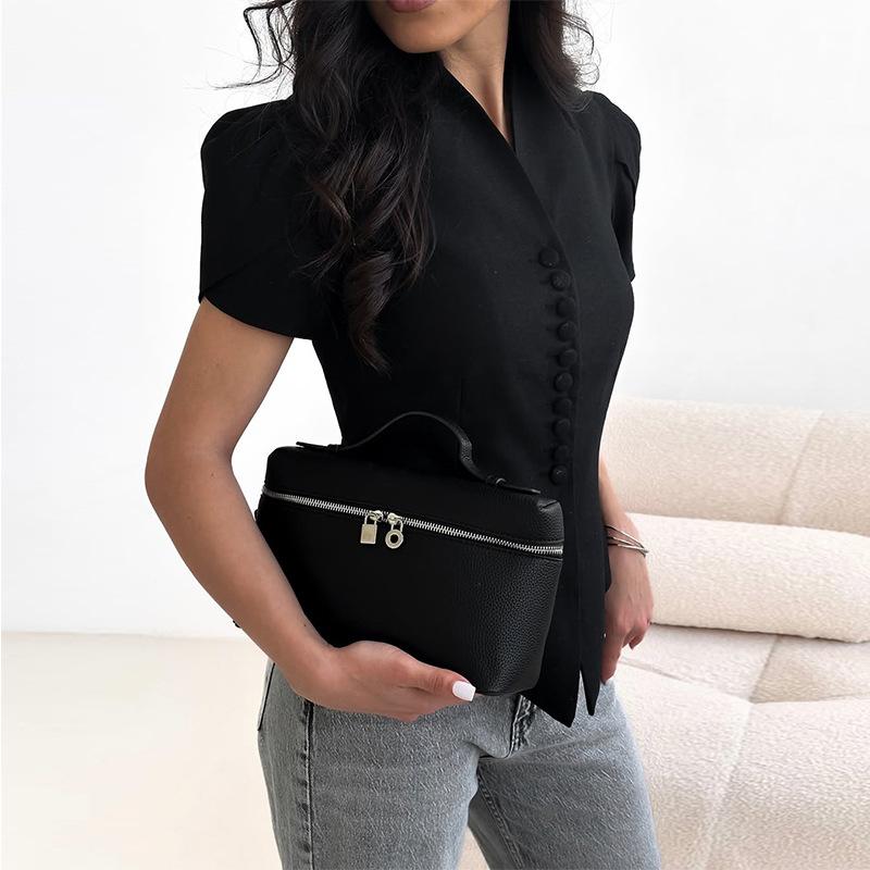 Women's Black V Neck Puff Sleeve Crop Top with Buttons and Side Cutouts