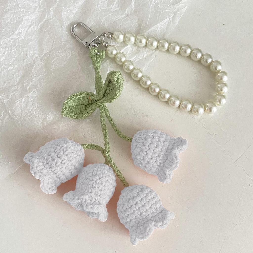 Korean Style Cute Girl Pearl Chain Lily of the Valley Crochet Knit Keychain with Decorative Buckle