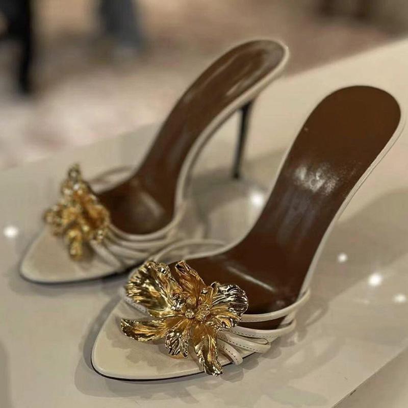 Sexy Gold High Heels Stiletto Slipper Women Fashion Metal Flowers Designer Sandal Female Mules Banquet Party Shoes Size 40