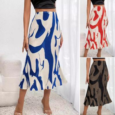 Women Fishtail Skirt Geometric Print A-Line Skirt High Waist Large Hem Ribbed Office Lady Skirt