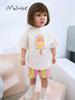Malwee Girls' Two-Piece Summer Outfit: Cute Round Neck T-Shirt & Shorts Set for Kids