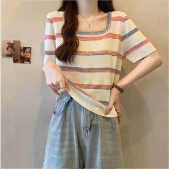 Women's Summer Rainbow Stripe Ice Silk T-Shirt, Plus Size, French Square Neck, Short Sleeve, Slimming Top