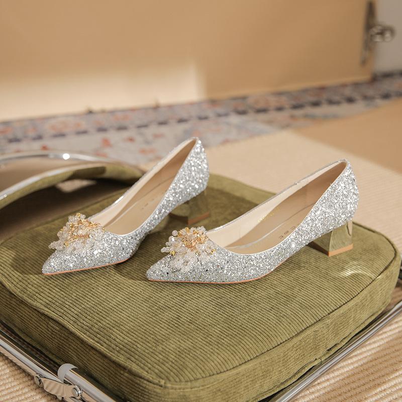5306-2 Pointed High Heels Spring 2025 New French Sequined Bridal Wedding Shoes Thick Heel Light Mouth Single Shoes