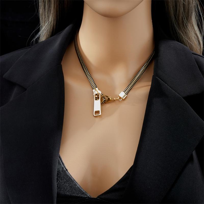Punk Gold Color Alloy Metal Zipper Choker Necklace for Women Trend Thick Clavicle Chain Collar Vintage Necklaces