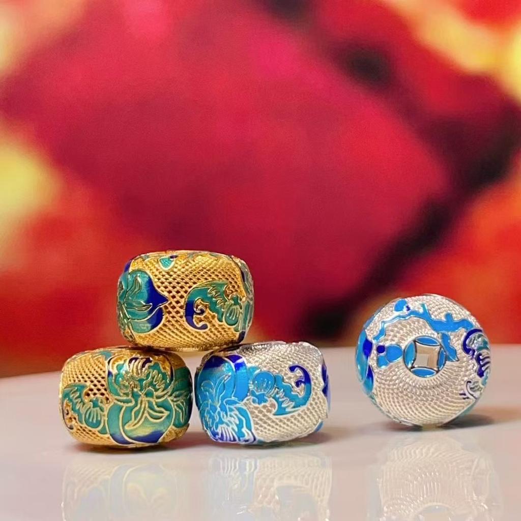 5Pcs, Vintage Cloisonné Lotus Pattern Barrel Beads, Golden/Silvery Plated DIY Jewelry Spacer Findings for Bracelet & Necklace Making 15×13mm