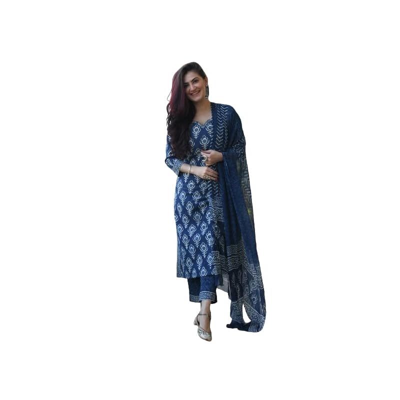 Pinkmint Indigo Printed Kurta Set for Women Ll Kurta Pant & Dupatta Suit Set