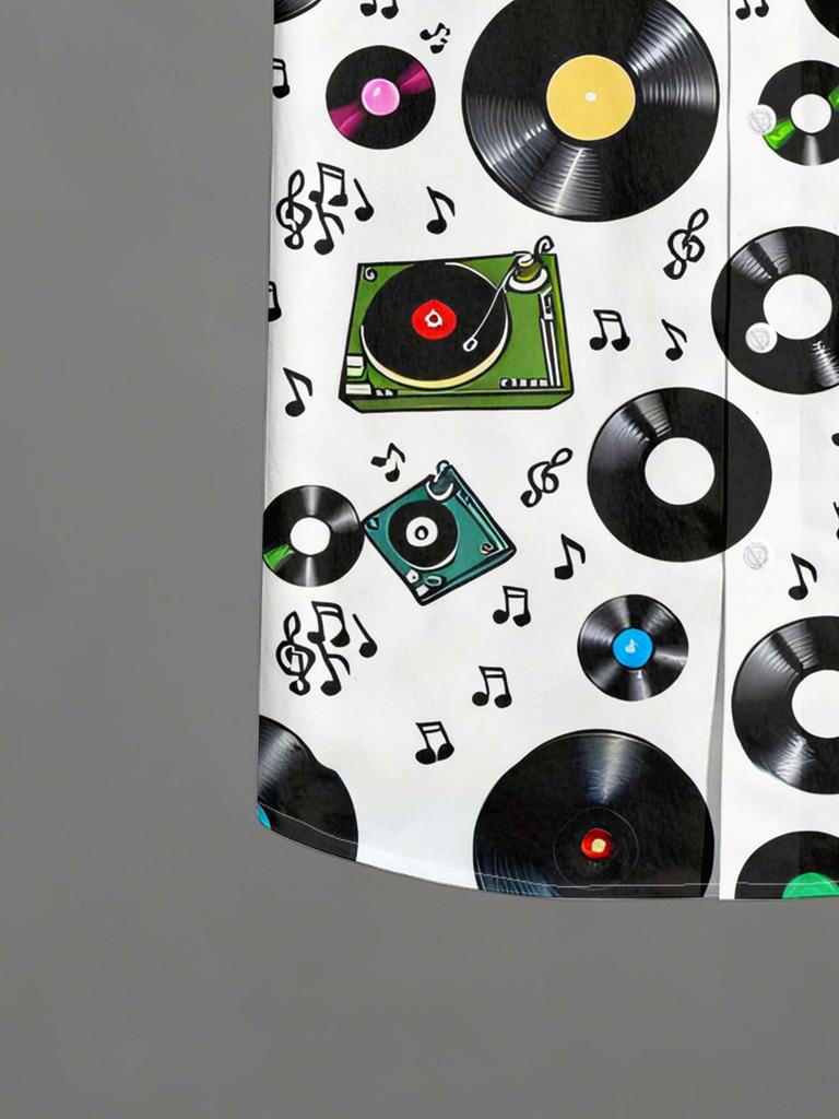 Men'S Collar Short Sleeved Shirt, 3D Printed White Background Vinyl Record Note Pattern Retro Music Style Top